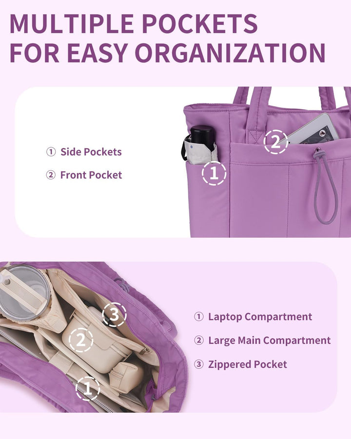 Professional Quilted Puffer Tote for women, laptop & cup holder for work.
