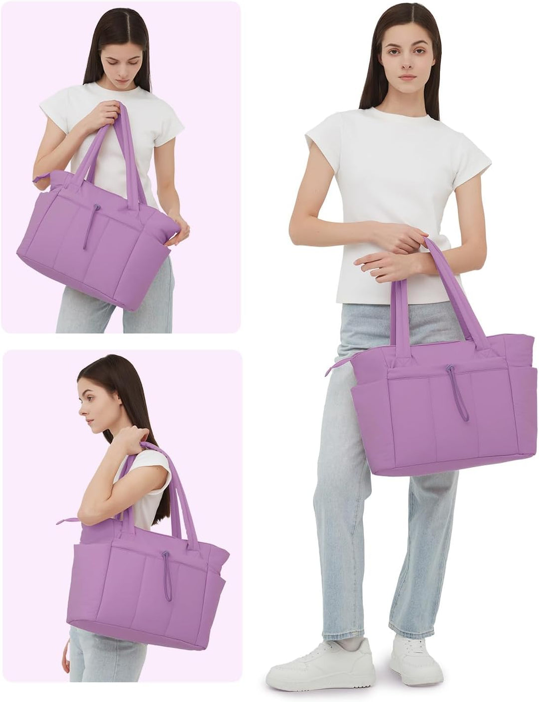 Women's daily carry quilted puffer tote, laptop sleeve & convenient cup holder.