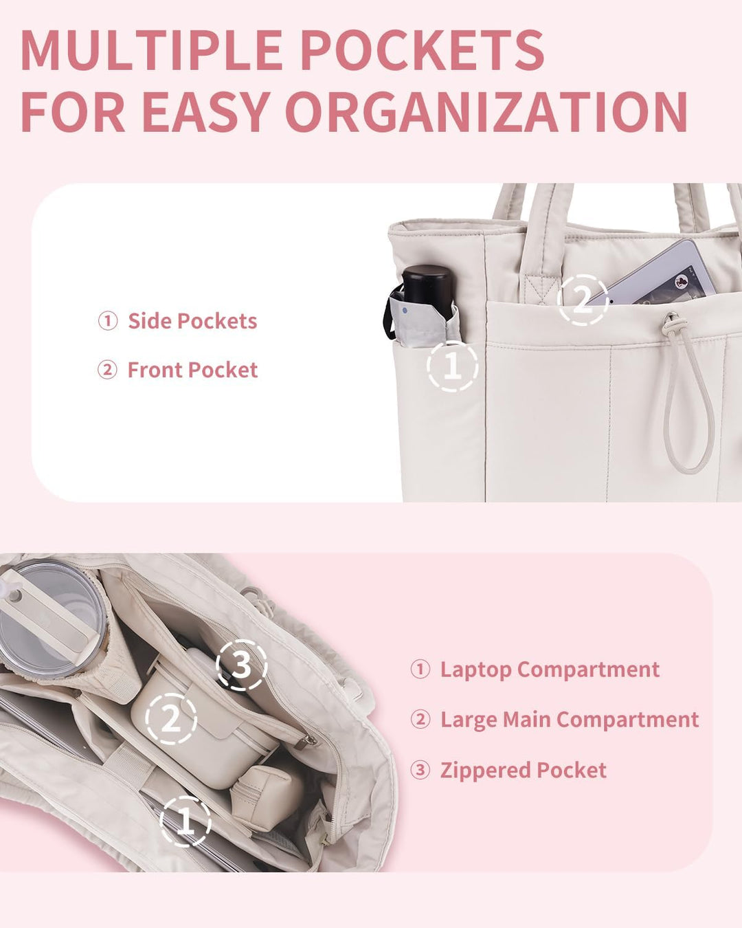 Travel Puffer Tote for women, with laptop sleeve & integrated cup holder.