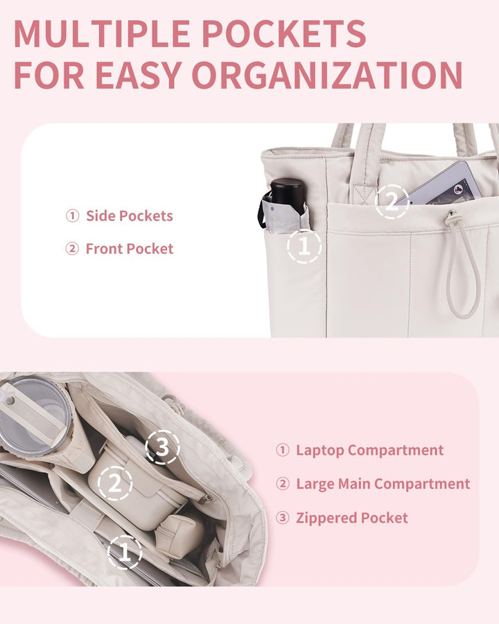Travel Puffer Tote for women, with laptop sleeve & integrated cup holder.
