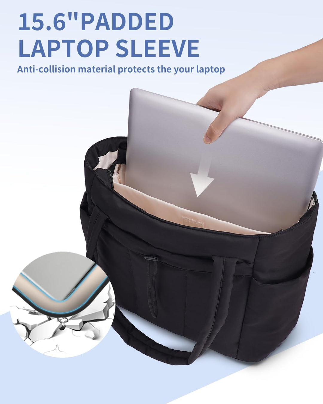 Secure women's quilted puffer tote, laptop compartment & cup holder for travel.