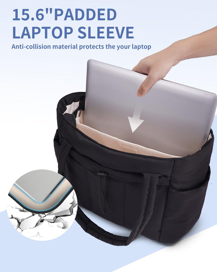 Secure women's quilted puffer tote, laptop compartment & cup holder for travel.