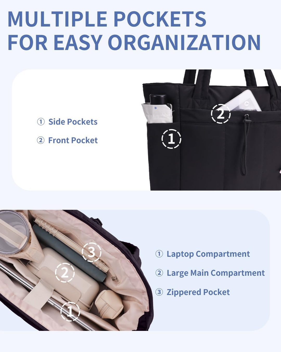 Ergonomic women's puffer tote, quilted, for laptops, drinks & comfortable carry.