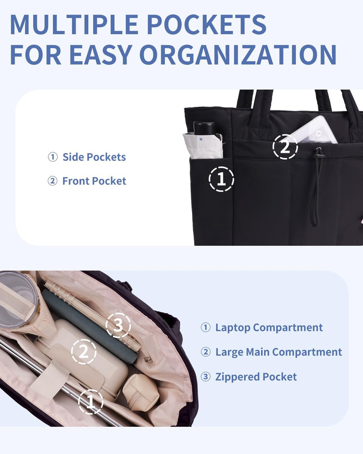 Ergonomic women's puffer tote, quilted, for laptops, drinks & comfortable carry.