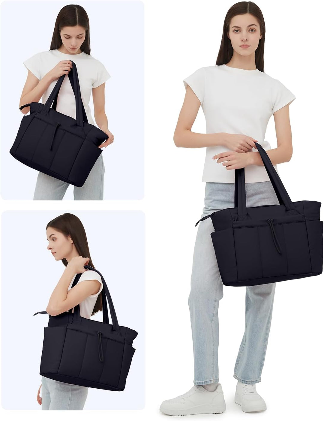 Water-resistant women's quilted puffer tote, laptop sleeve & cup holder for travel.
