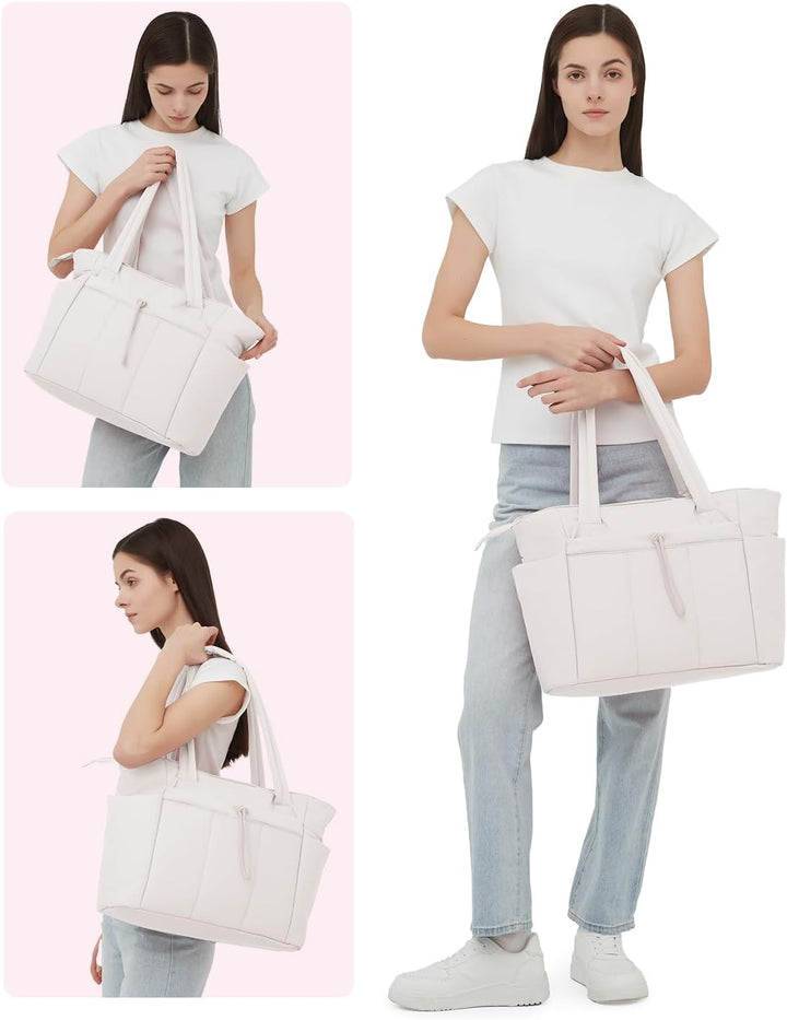 Work-ready Quilted Puffer Tote, organized with laptop & drink pockets.