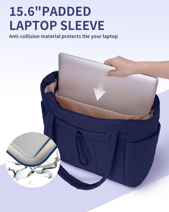 Women's chic travel bag, quilted puffer, laptop sleeve & convenient cup holder.