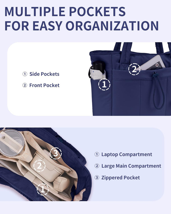 Functional women's work bag, quilted puffer, laptop & cup holder, organized.