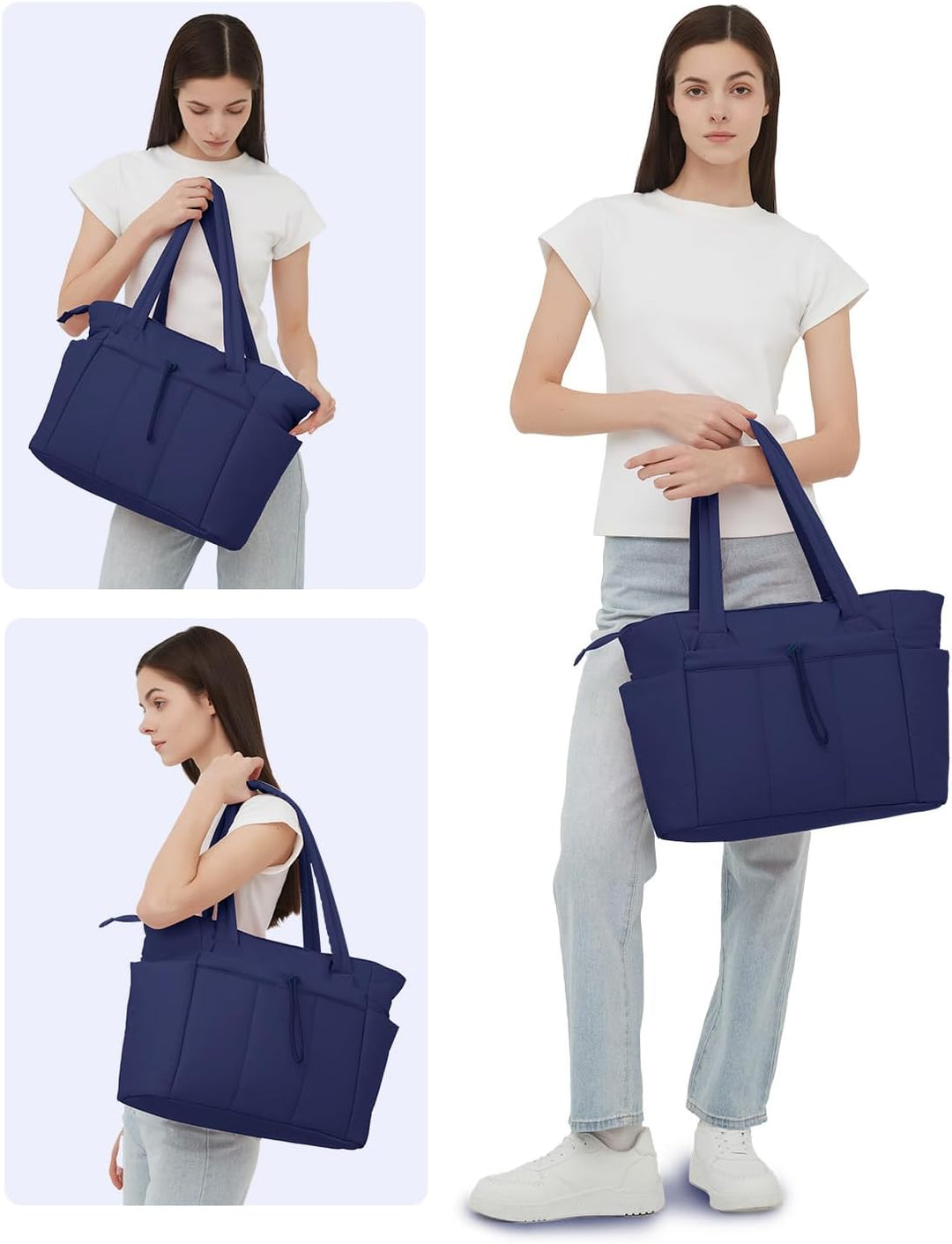 Women's spacious gym tote, quilted puffer, laptop sleeve & cup holder.
