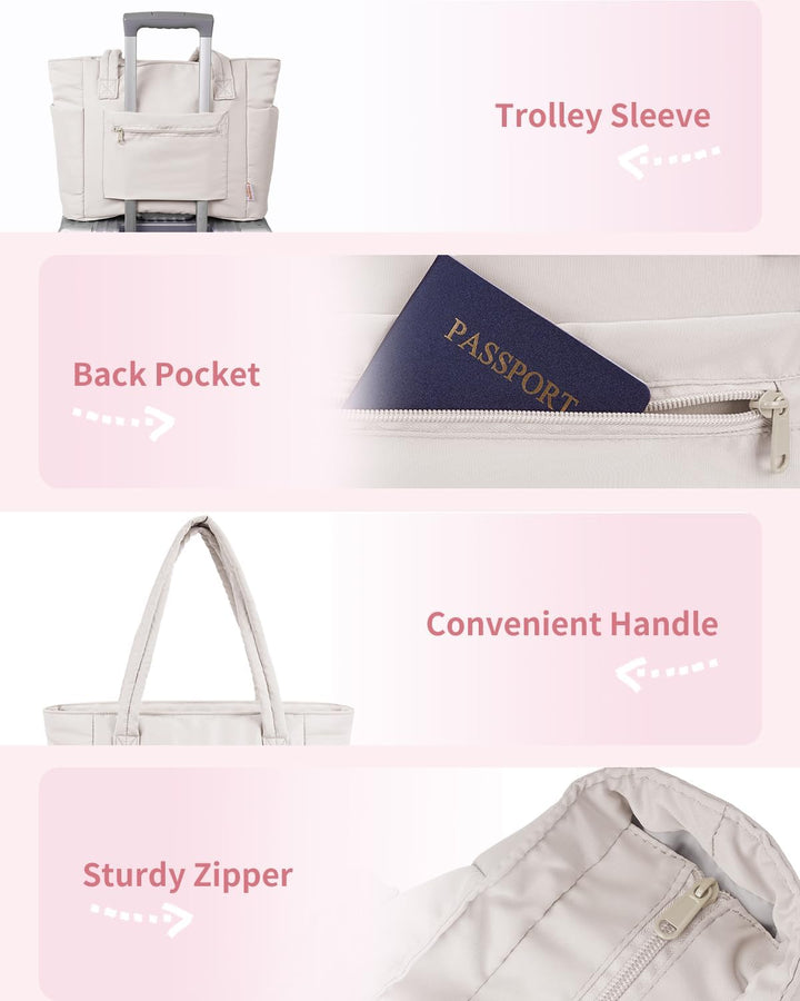 Versatile Puffer Travel Bag for women, fitting laptop & beverage.