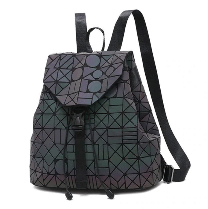 Women's geometric backpack with reflective, color-changing panels, secure zipper, great for daily & travel.