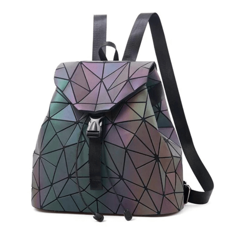 Luminous women's geometric backpack, reflective faux leather, color-changing for unique style & night safety.