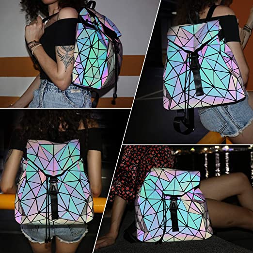 Eye-catching women's geometric backpack, reflective & color-changing, ideal for daily use & making a statement.