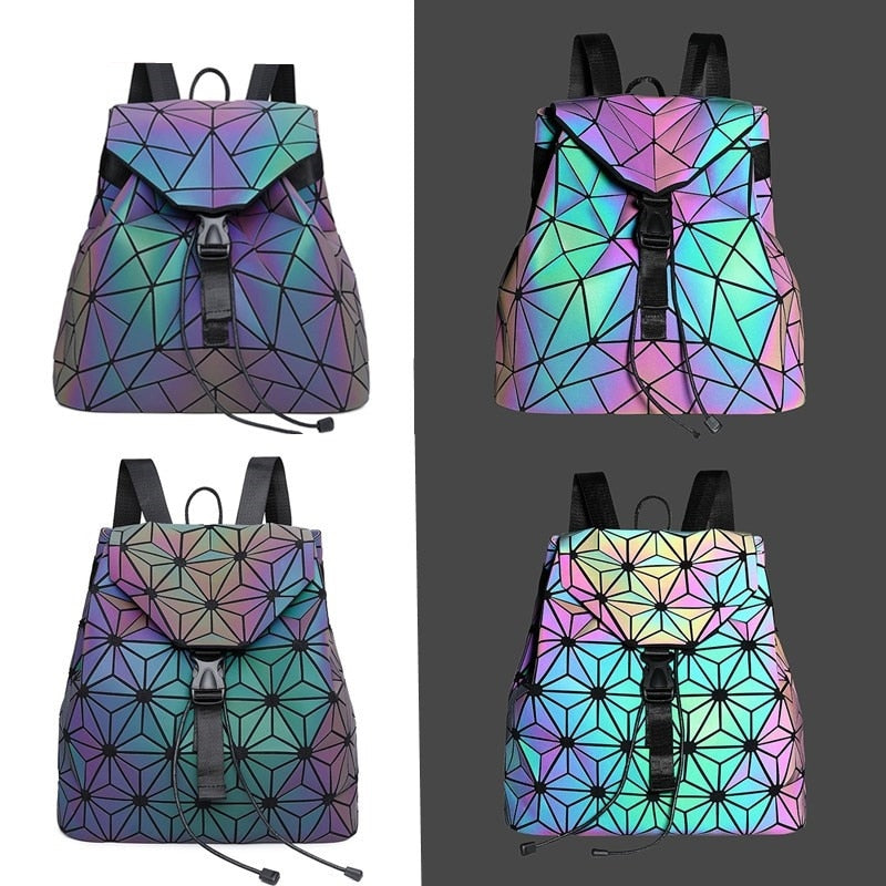 Durable women's geometric backpack, reflective & color-changing, faux leather with secure zipper for daily carry.
