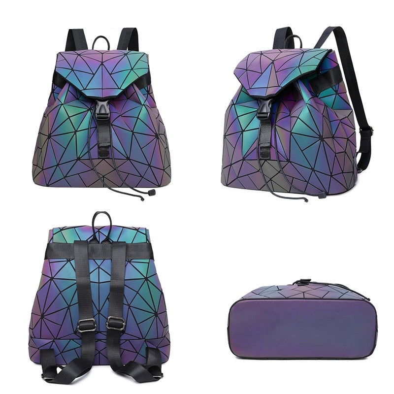 Chic women's reflective geometric backpack, luminous color-changing bag, perfect for travel & unique style.