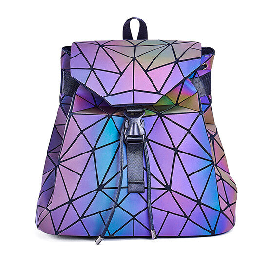 Stylish women's geometric backpack with reflective, color-changing effect for night safety & daily use.