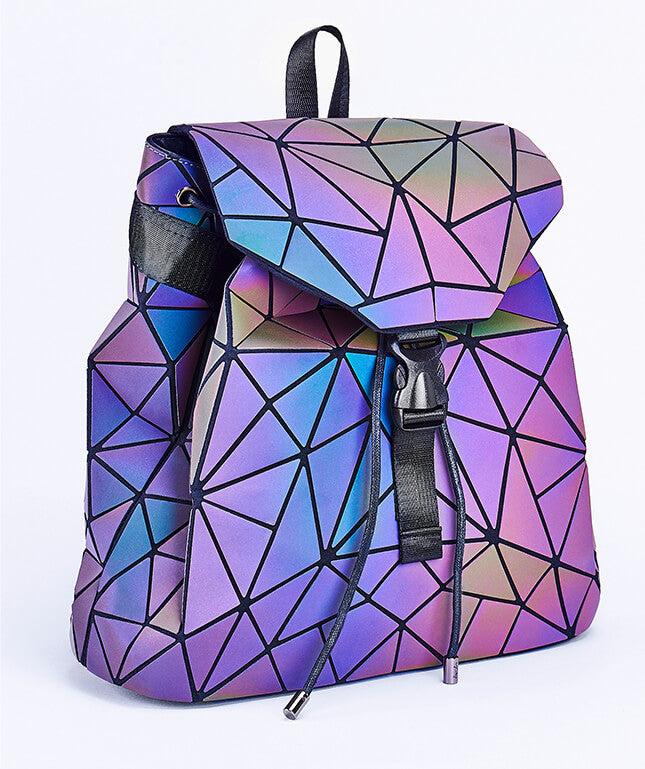 Luminous geometric backpack for women, color-changing reflective faux leather, a unique fashion statement.