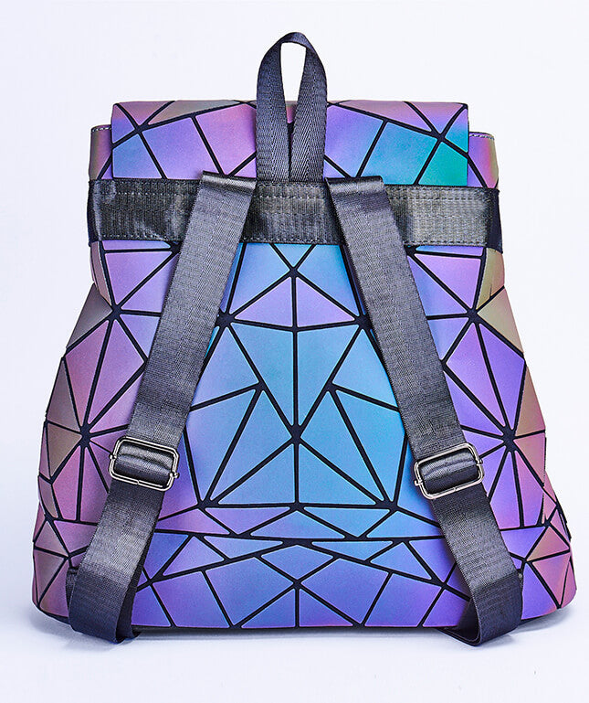 Reflective women's backpack featuring geometric patterns, vibrant color-changing effect, ideal for travel.