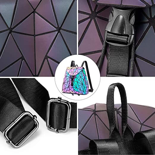 Unique women's reflective geometric backpack, color-changing luminous bag for eye-catching style & safety.