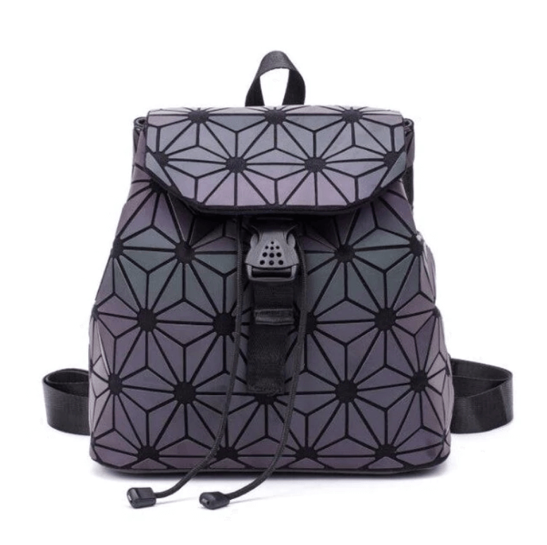 Versatile women's geometric backpack, reflective color-changing design, perfect fashion accessory for any outfit.