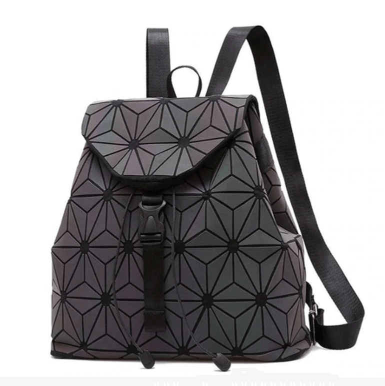 Reflective & color-changing women's backpack with geometric pattern, faux leather, a luminous travel bag.