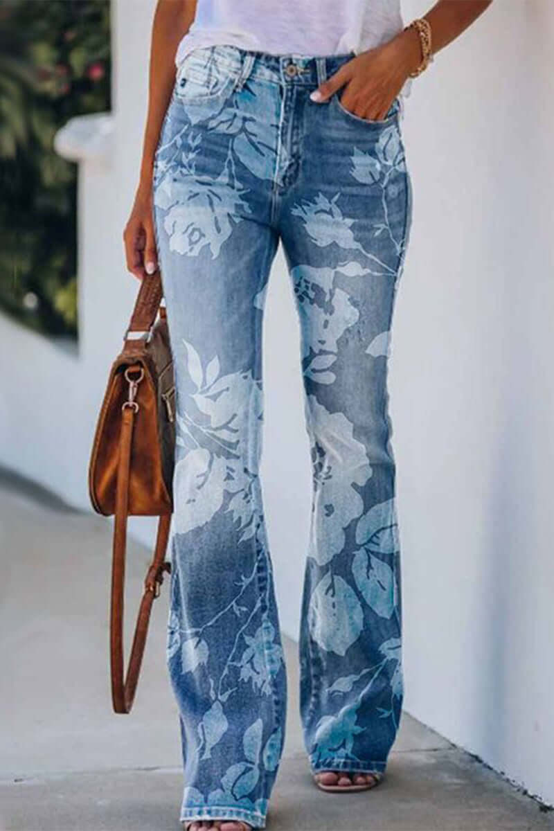 Embroidered women's regular fit jeans, showcasing vibrant floral patterns on denim.