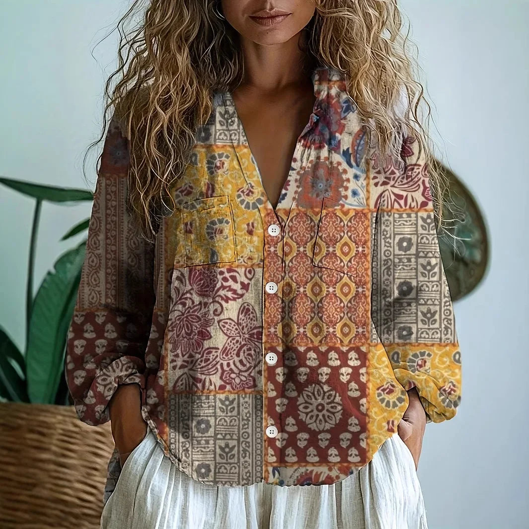 Everyday wear women's relaxed blouse, an elegant floral top with a captivating nature print design.