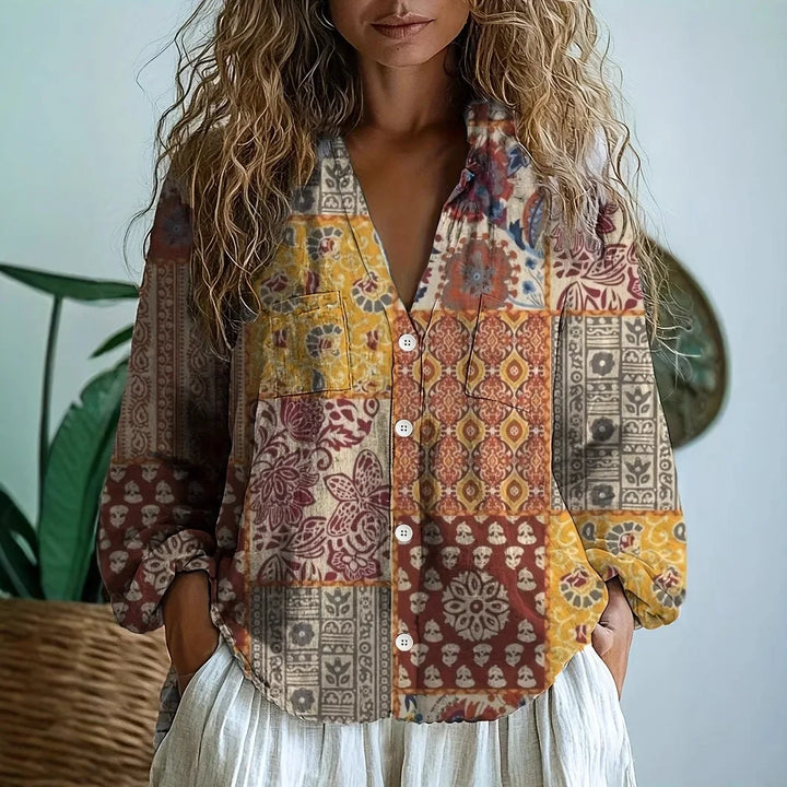 Everyday wear women's relaxed blouse, an elegant floral top with a captivating nature print design.