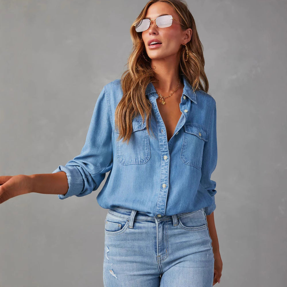 Versatile women's blue denim shirt, relaxed long sleeve button-down. Effortless casual everyday wear top.
