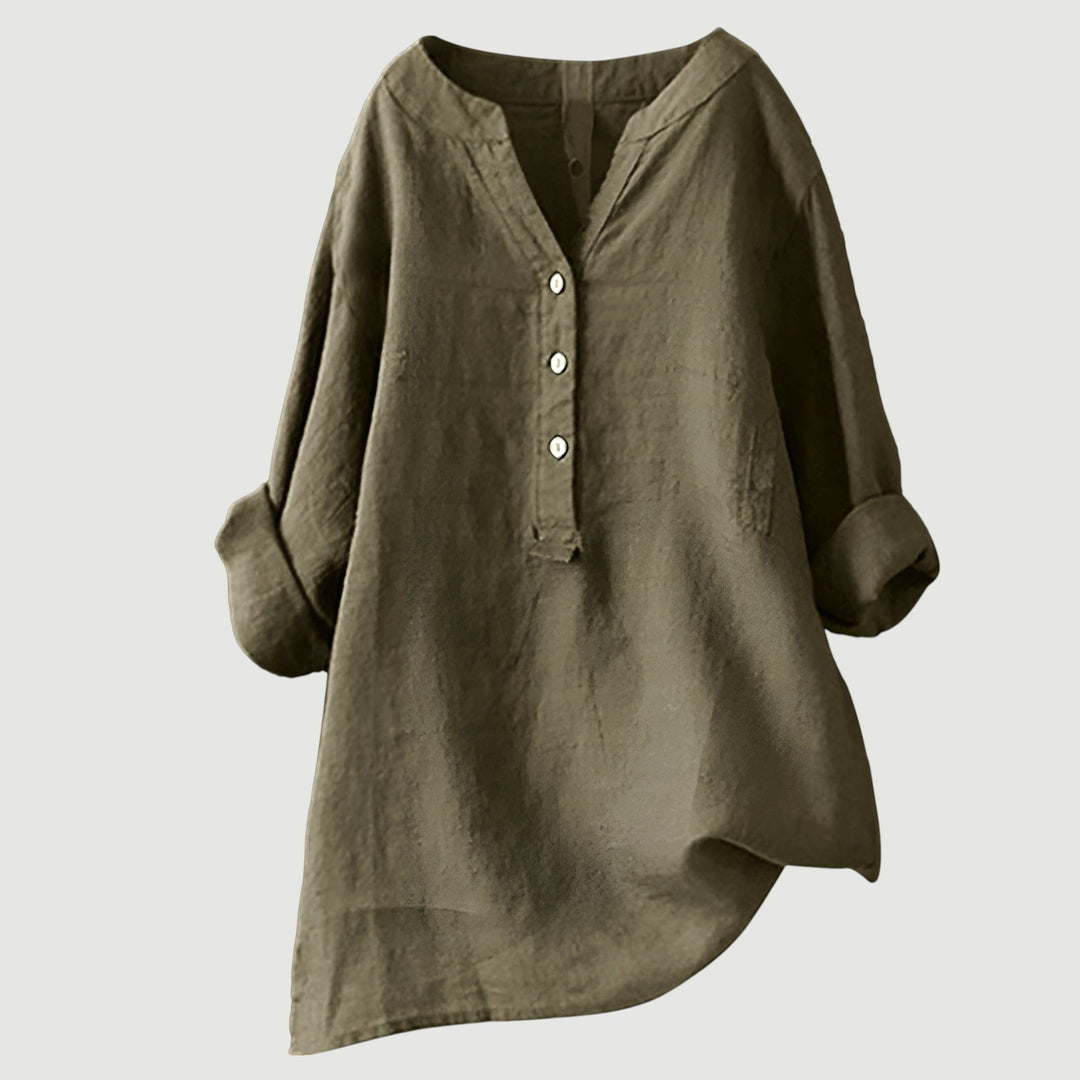 Ladies relaxed fit flowy button tunic top, comfortable and versatile for everyday fashion.