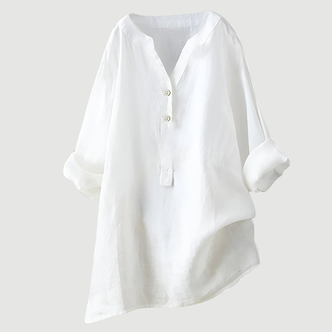 Flowy long sleeve relaxed fit women's tunic top with buttons, casual chic.