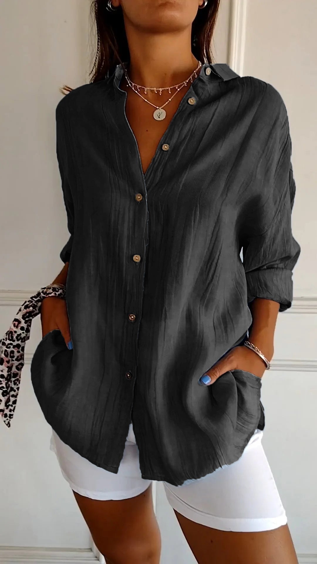 Relaxed fit women's button-up long sleeve shirt, a comfortable, versatile & chic top for everyday fashion.