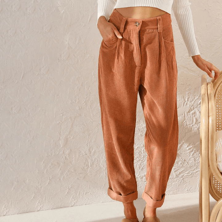 Women's relaxed fit corduroy trousers in a stylish textured fabric, perfect for comfortable casual wear & fall fashion.