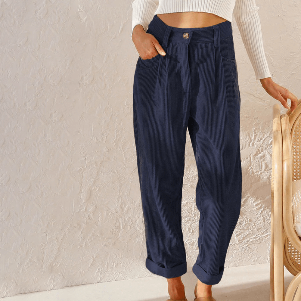 Comfortable women's relaxed fit corduroy pants, ideal for everyday casual wear & stylish fall or winter fashion.