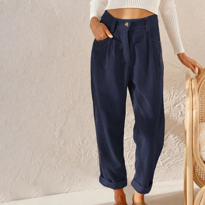 Comfortable women's relaxed fit corduroy pants, ideal for everyday casual wear & stylish fall or winter fashion.