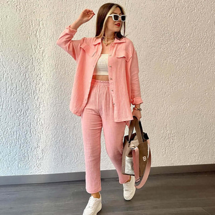 Women's relaxed fit cotton blend two-piece lounge set for ultimate comfort and casual wear.