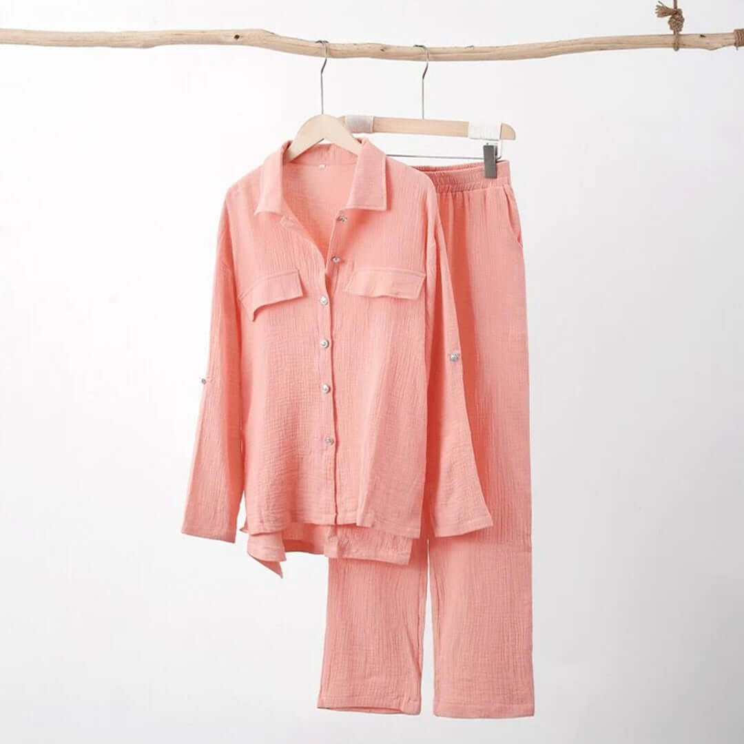 Pink women's cotton blend relaxed loungewear set. Stylish two-piece comfort for everyday casual wear.