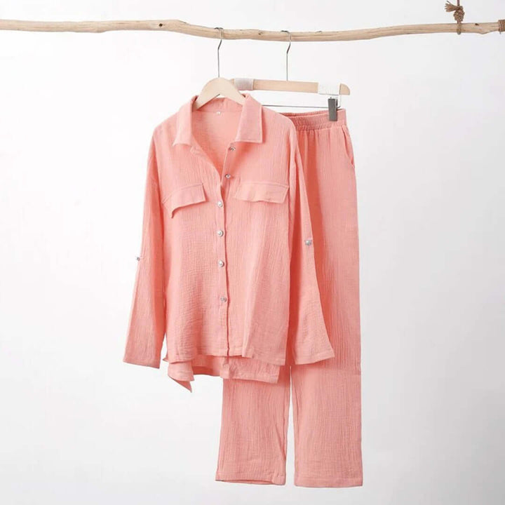 Pink women's cotton blend relaxed loungewear set. Stylish two-piece comfort for everyday casual wear.
