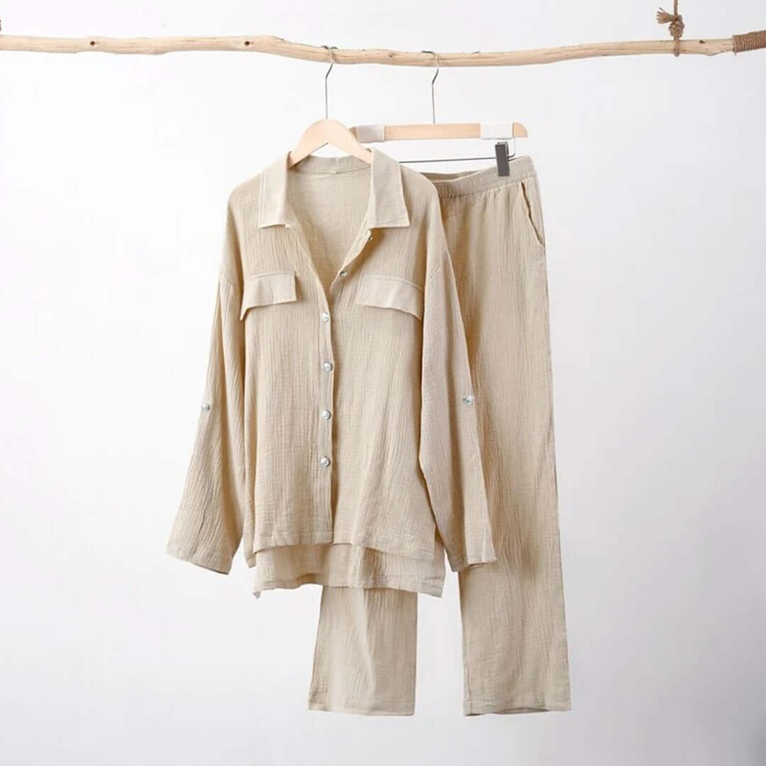Beige women's relaxed fit two-piece cotton blend lounge set, perfect for stylish everyday comfort.