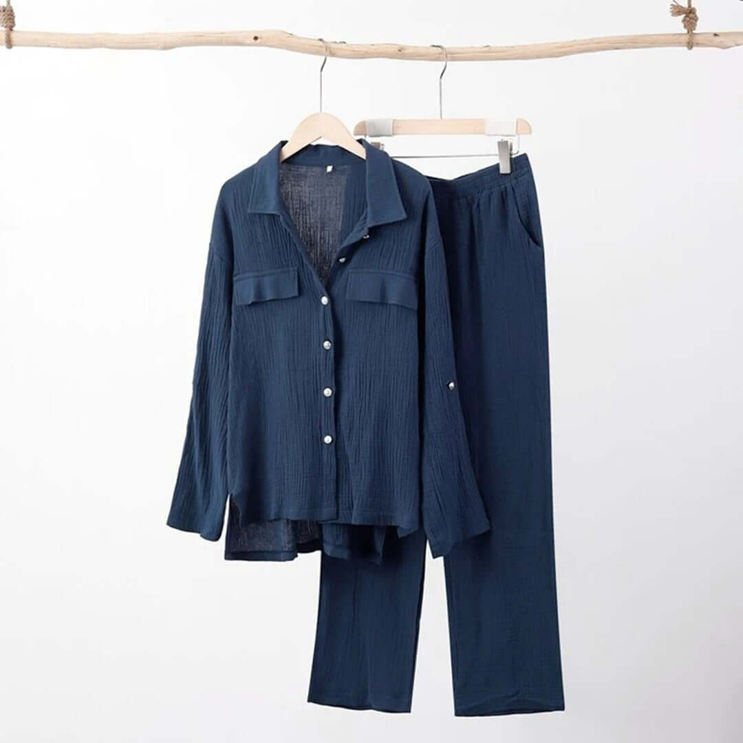 Navy women's casual two-piece cotton blend lounge set. Relaxed fit loungewear for stylish comfort.