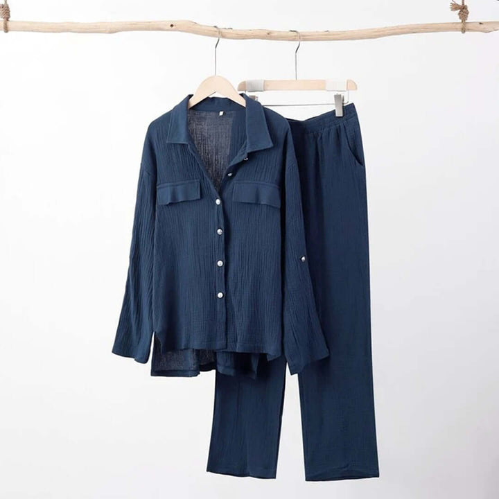 Navy women's casual two-piece cotton blend lounge set. Relaxed fit loungewear for stylish comfort.
