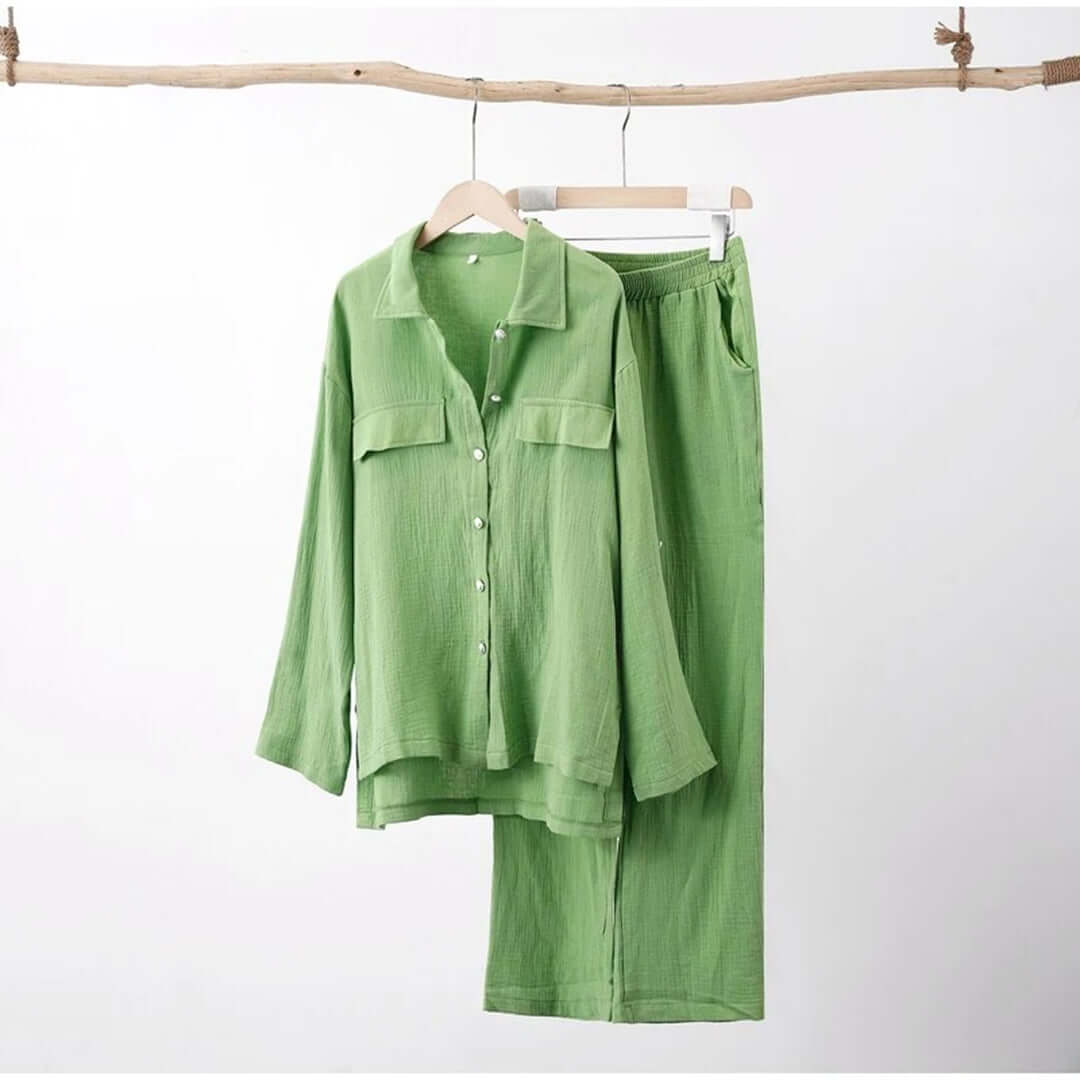 Green women's cotton blend relaxed lounge set. Two-piece comfortable everyday outfit for women.