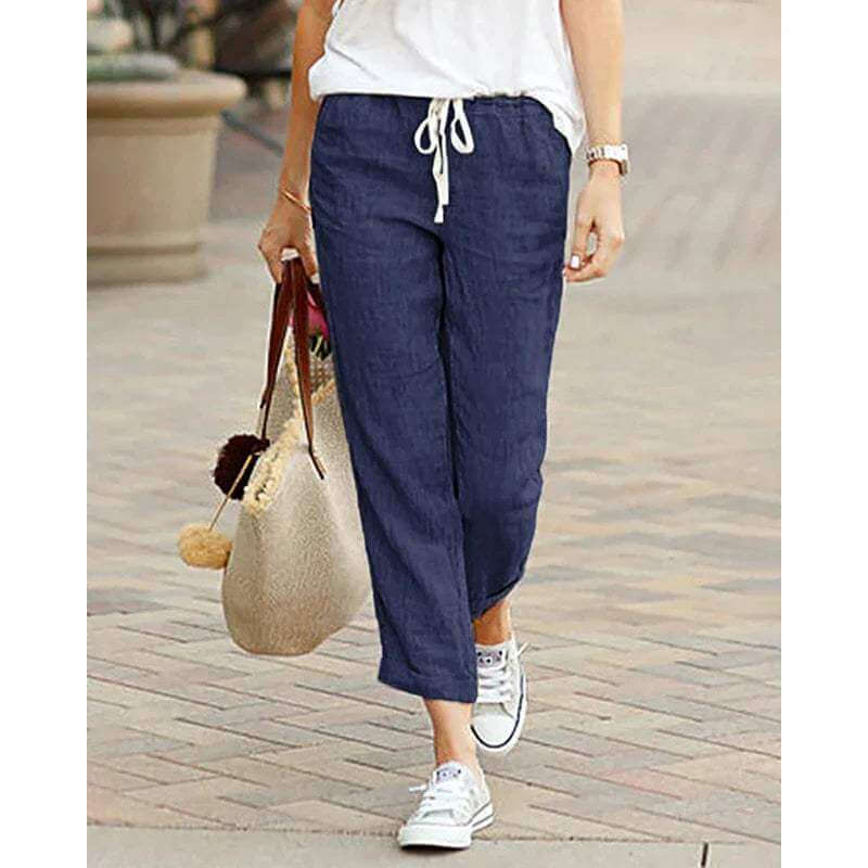 Women's relaxed fit cropped drawstring trousers, perfect for casual summer comfort and everyday style.