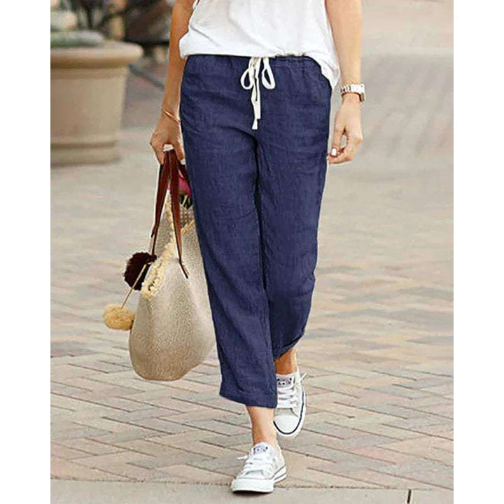Women's relaxed fit cropped drawstring trousers, perfect for casual summer comfort and everyday style.