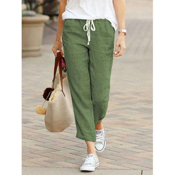 Breathable cropped drawstring pants for women, offering a relaxed fit and comfortable casual summer style.