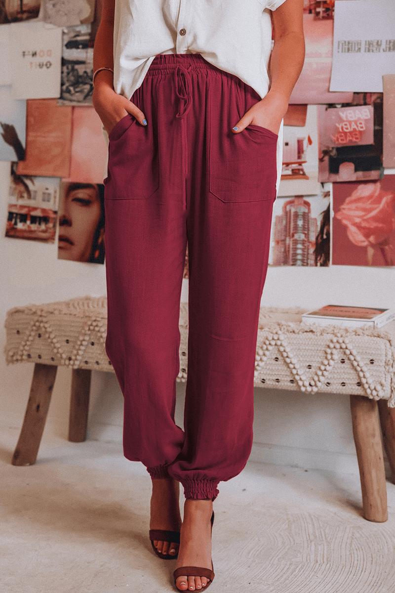 Front view of women's comfortable drawstring Harlan pants, a versatile bottom for any casual occasion.
