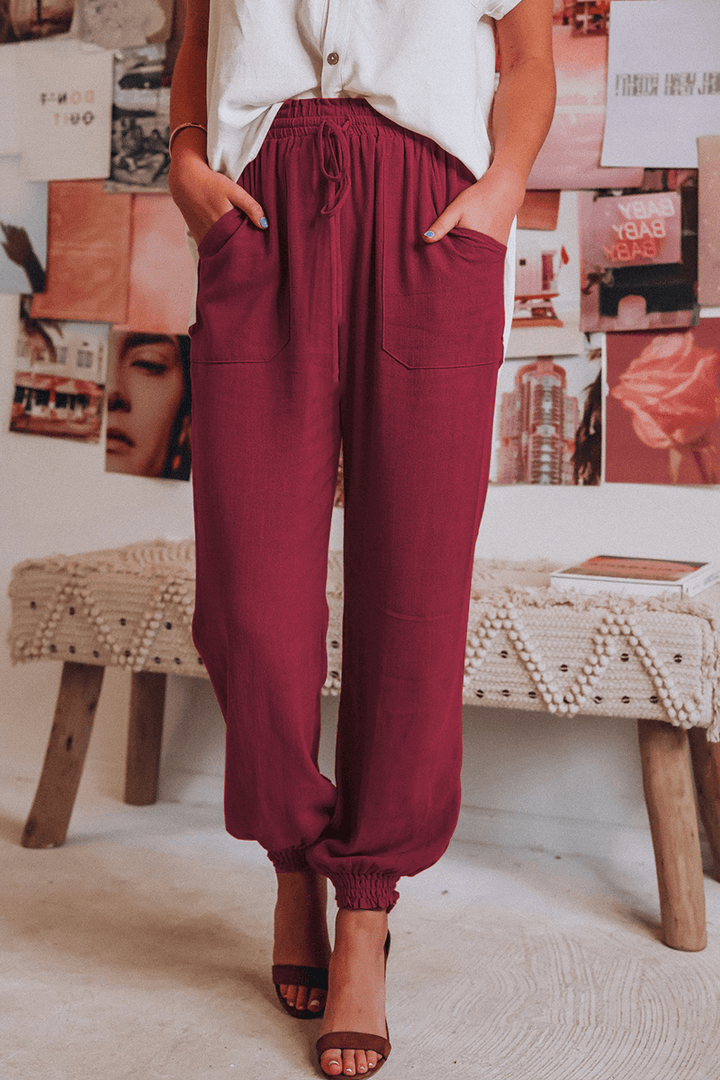 Front view of women's comfortable drawstring Harlan pants, a versatile bottom for any casual occasion.