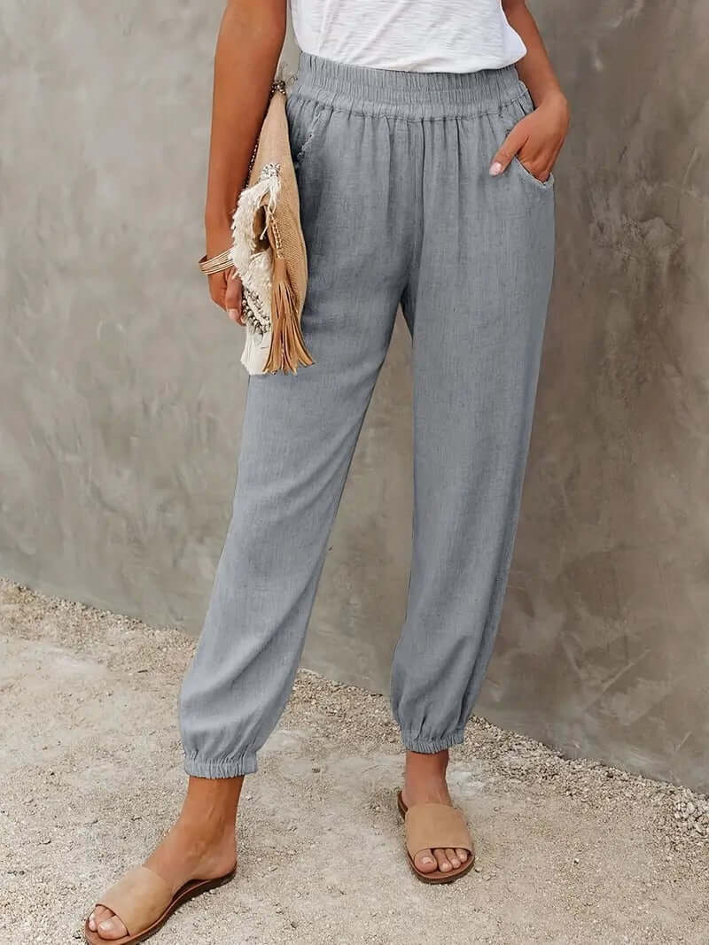 Women's relaxed fit hemp blend pants with elastic waist, ideal for comfortable casual wear.