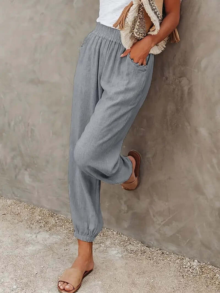 Spring/Summer women's hemp blend elastic waist pants, relaxed fit, super comfortable loungewear style.