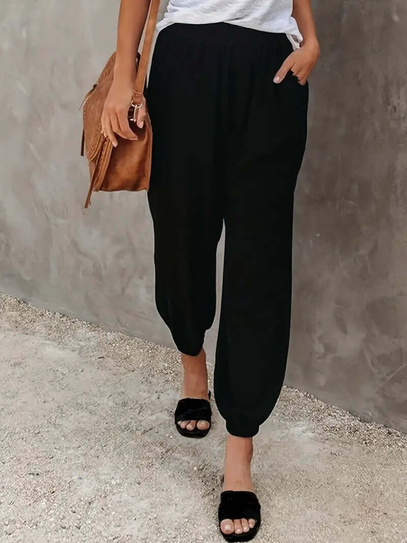 Casual women's relaxed fit pants, eco-friendly hemp blend, features a comfy elastic waistband.